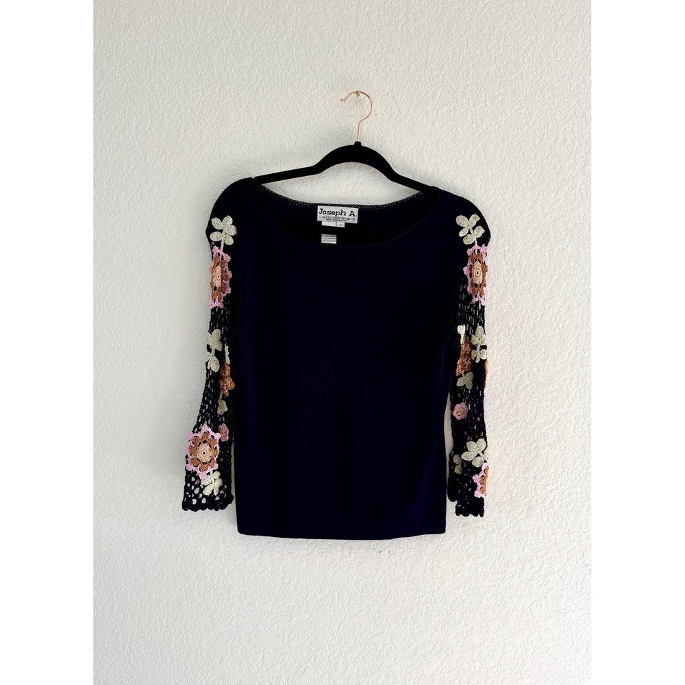 Vintage Black Crocheted Floral Sleeve‎ Whimsigoth Sweater Women's Size M